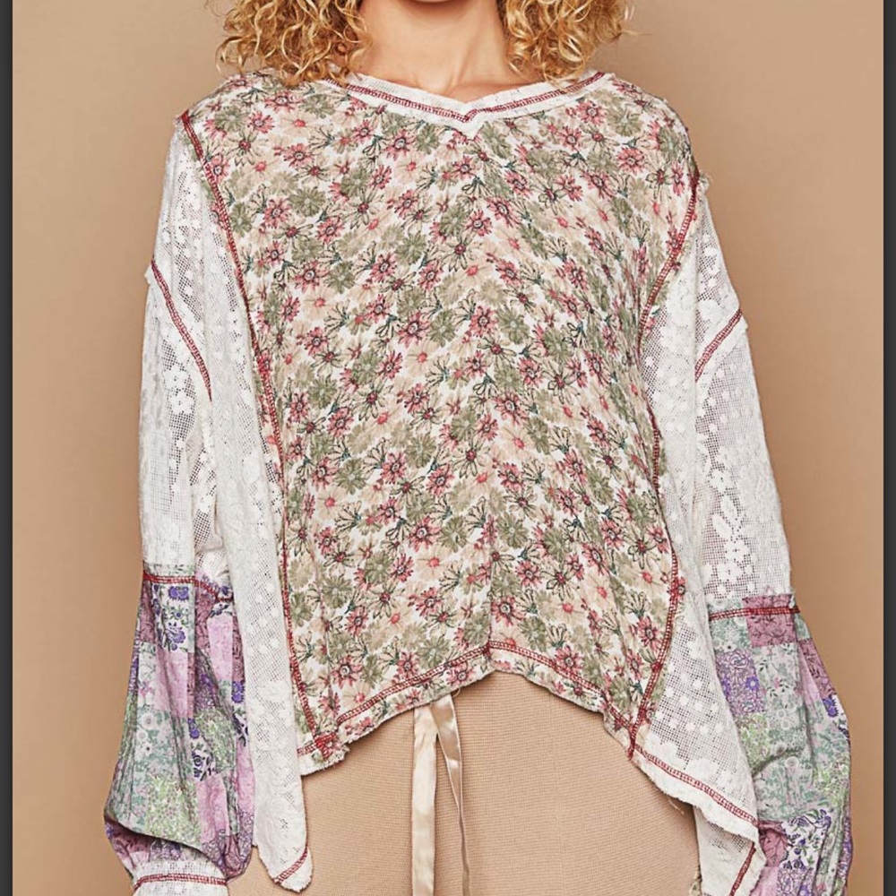 P545–POL Floral Lace Patchwork Top - Picture 3 of 5
